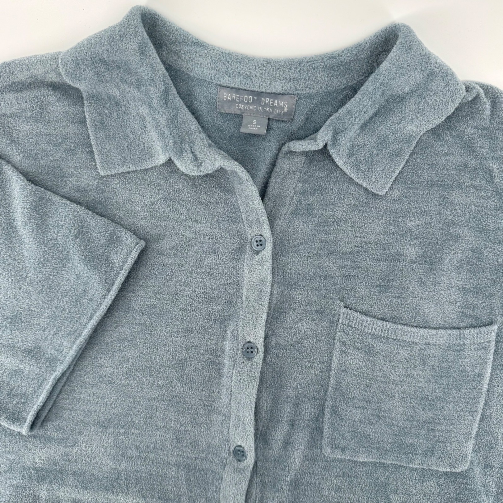 Barefoot Dreams Cozychic Ultra Lite Shirt Small Pale Blue Short Sleeve Button Up